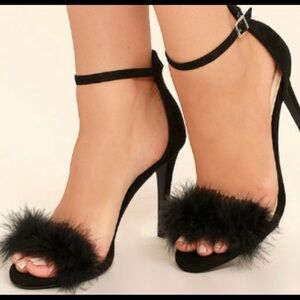 Lulus black feather ankle strap heels